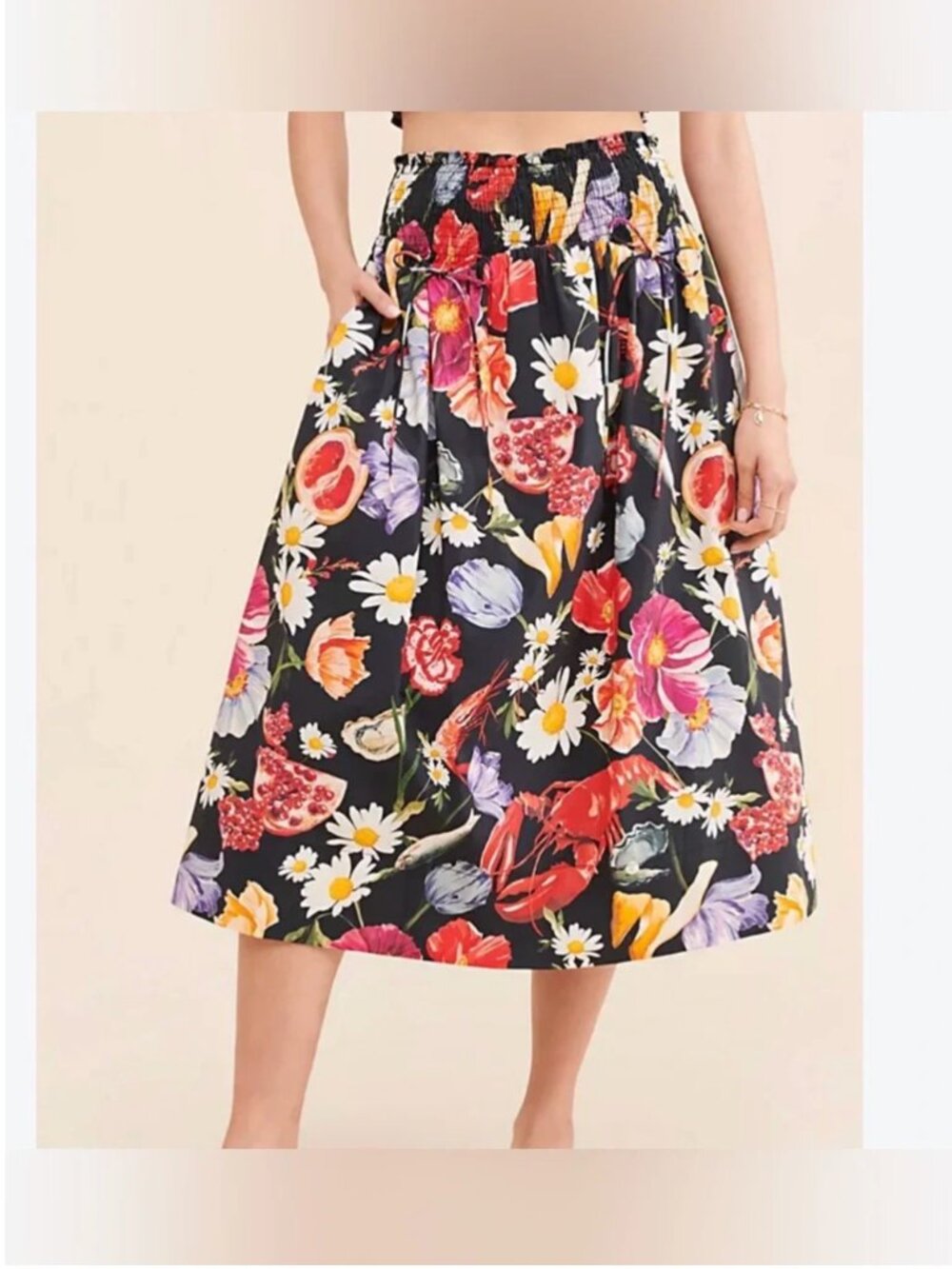 Allina Liu Kashi Cotton Midi Skirt Lobster Pomegranate Print size M